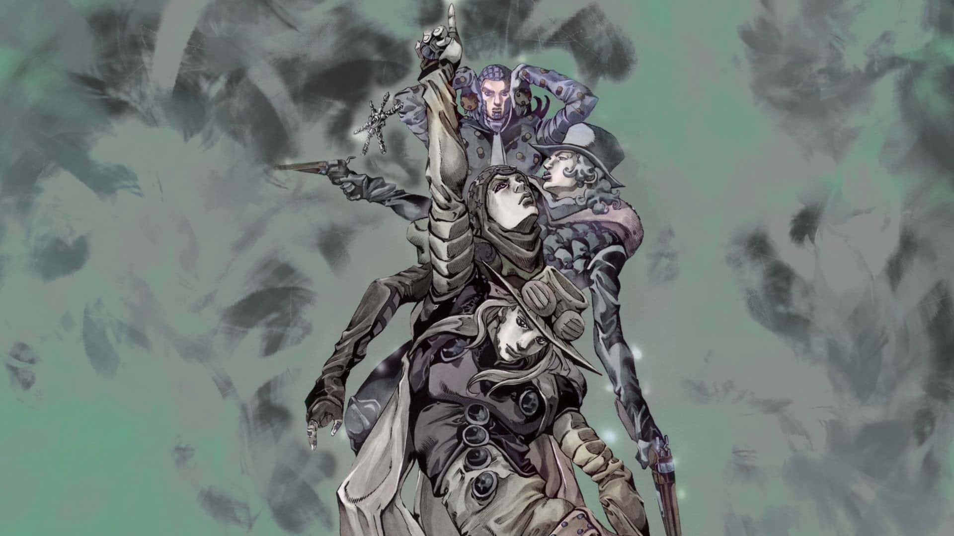 Jojo Steel Ball Run 桌布 壁紙 — 四個身穿暗色盔甲的動漫角色在青綠色背景前，於旋轉的灰色煙霧中交戰。