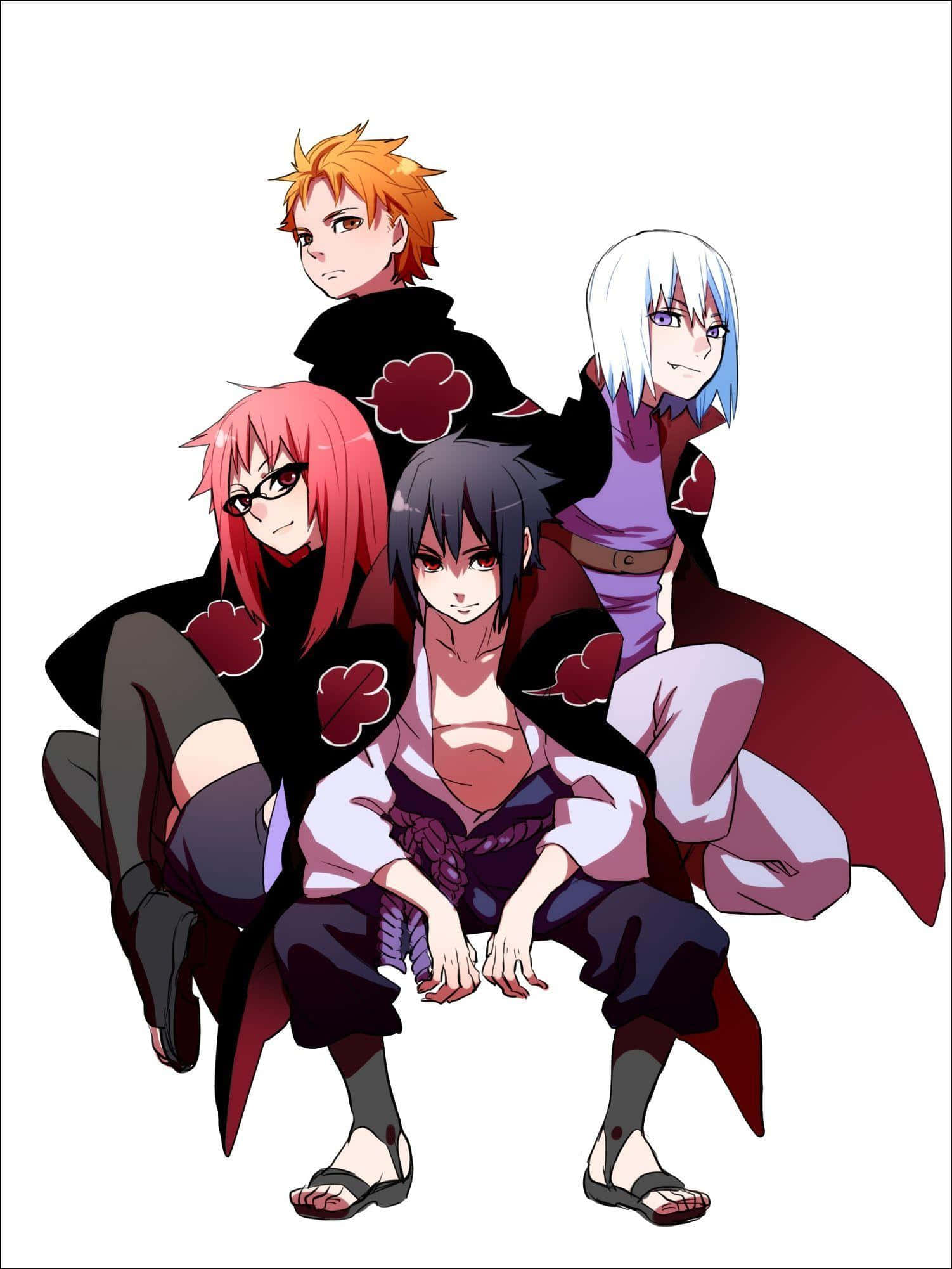 Team Taka Naruto 桌布 壁紙 — 四個身穿曉組織斗篷的動漫角色在純白背景前一起擺姿勢。