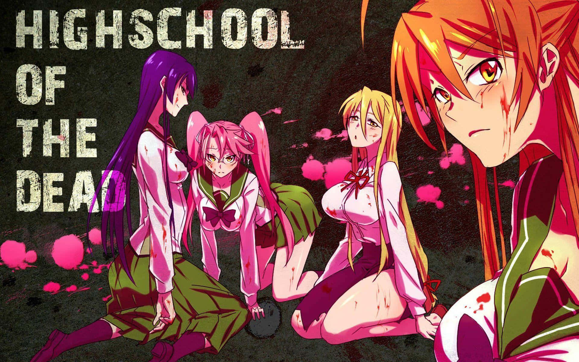 Highschool Of The Dead 桌布 壁紙 — 四個身穿染血校服嘅動畫女仔跪喺深色背景前，背景有粉紅色濺灑同粗體標題文字。