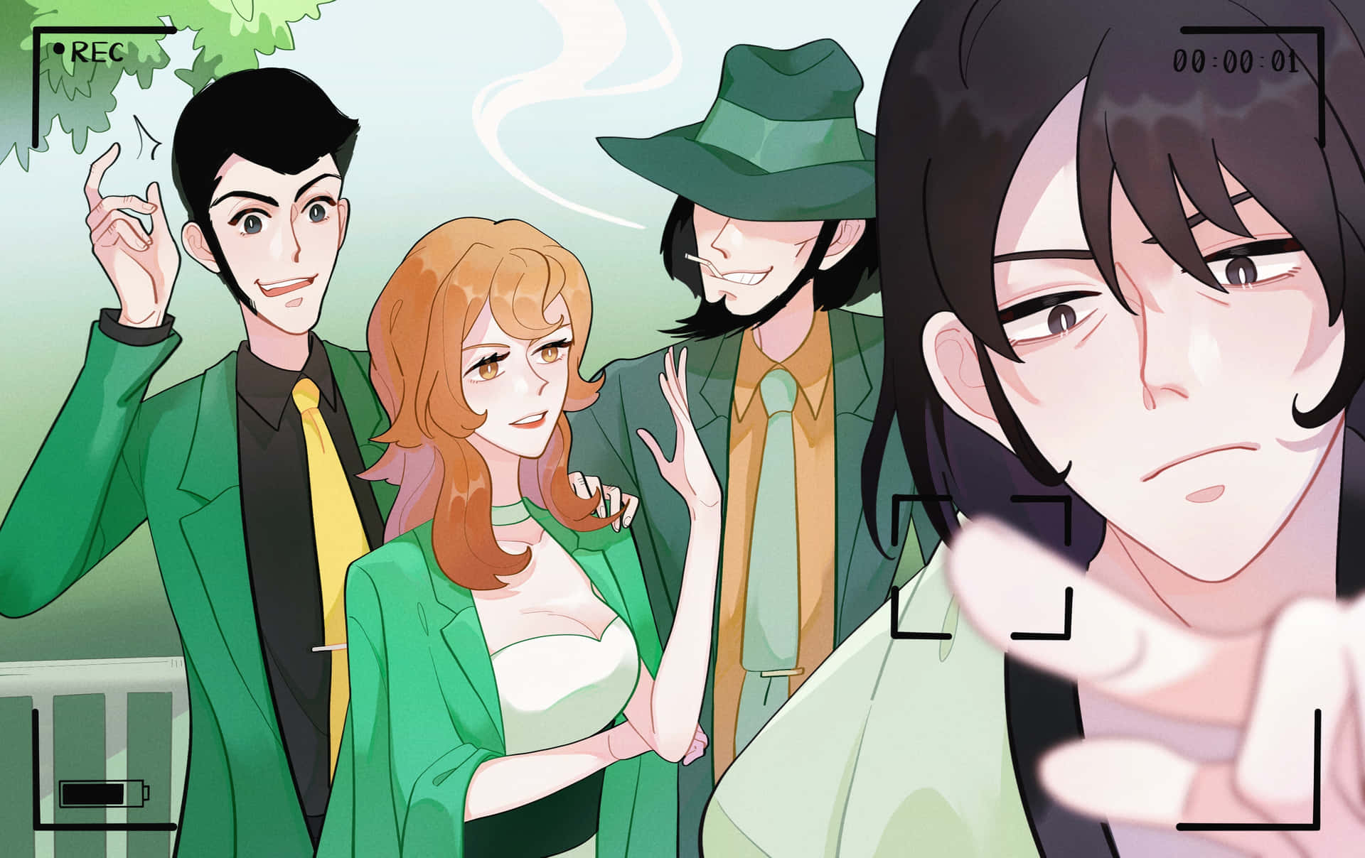  壁紙 — 四個身穿綠色西裝的動漫角色在相機觀景器覆蓋層下頑皮地擺姿勢。