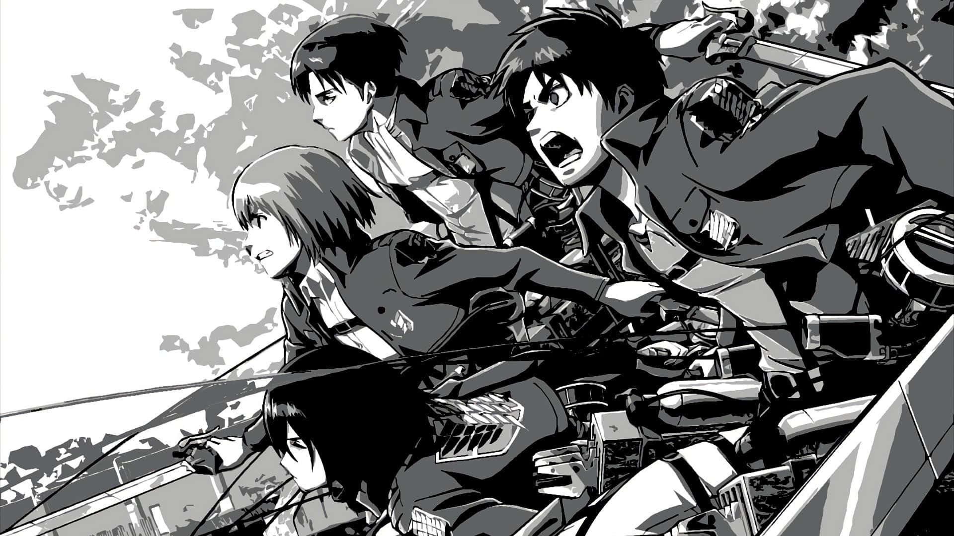 Manga Series 桌布 壁紙 — 四個身穿軍裝的動漫角色在煙霧瀰漫的天空下從屋頂動態跳躍。