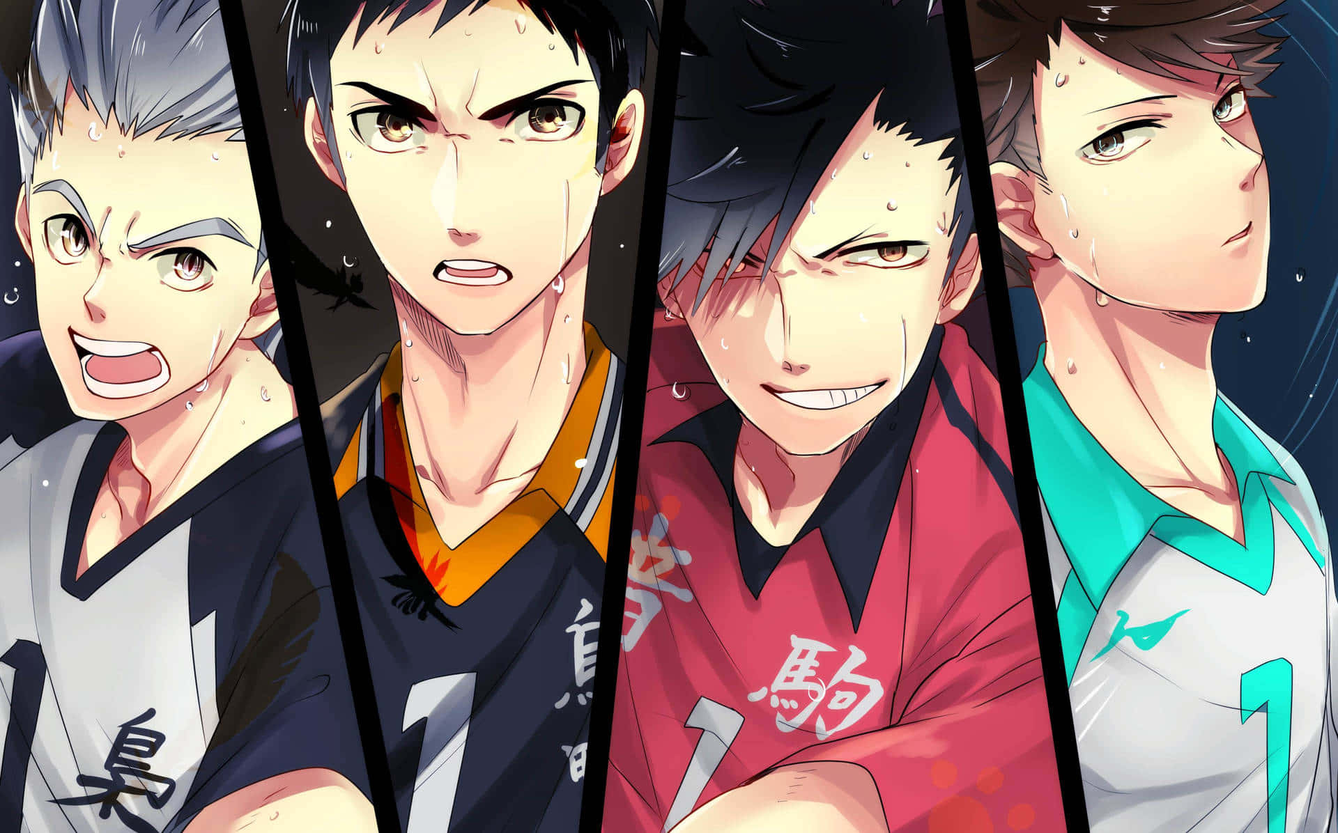 Haikyuu Captains 桌布 壁紙 — 四個身穿隊服的決心動漫排球運動員在激烈的比賽燈光下汗流浹背，表情兇猛。