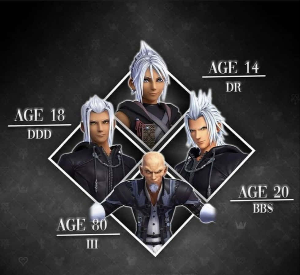 Kingdom Hearts Xehanort 桌布 壁紙 — 四個銀髮動漫角色以菱形圖案排列在帶有年齡標籤的深色紋理背景上。