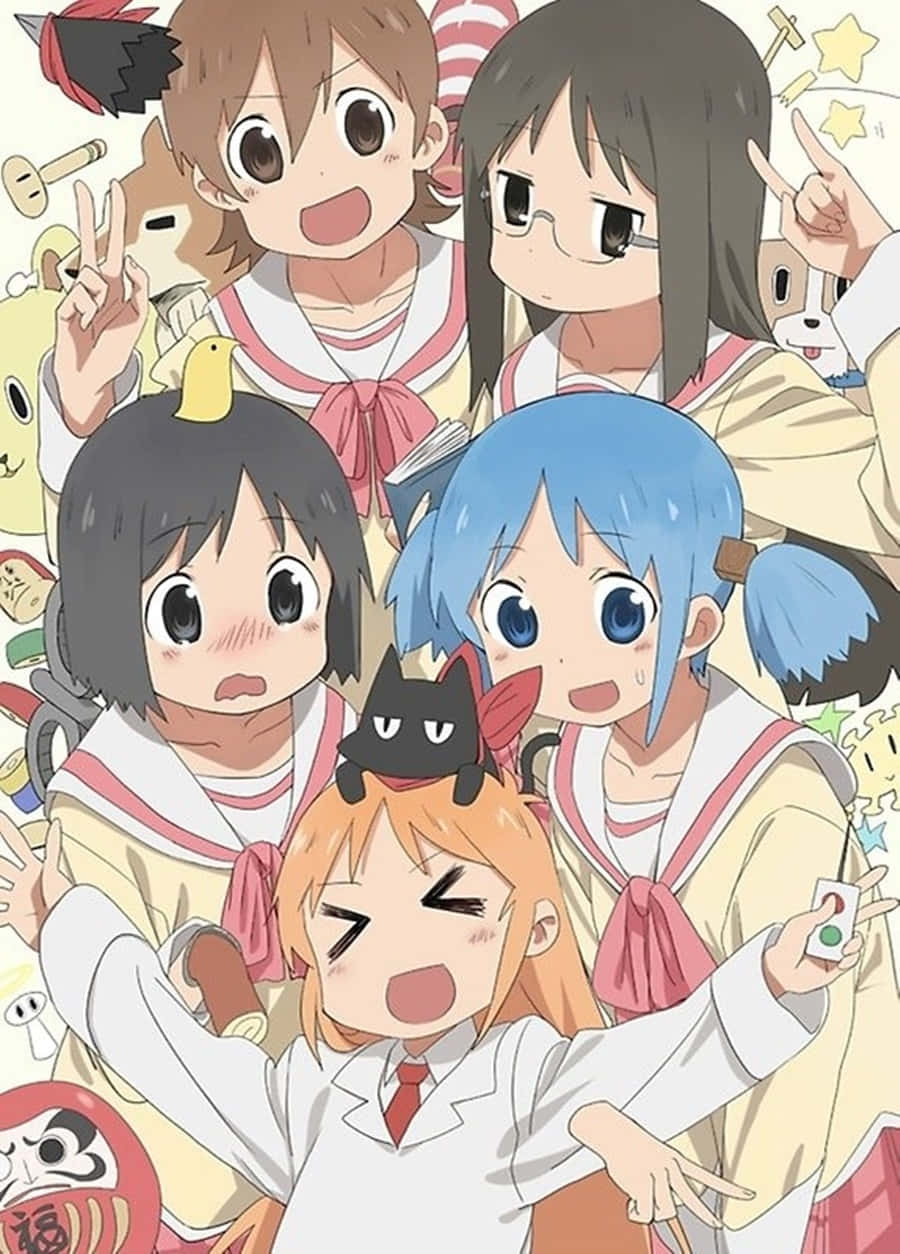 搞笑動漫GIF 桌布 壁紙 — 四個開心的動畫女學生穿著校服，帶著俏皮的表情和可愛的動物毛絨玩具擺姿勢。