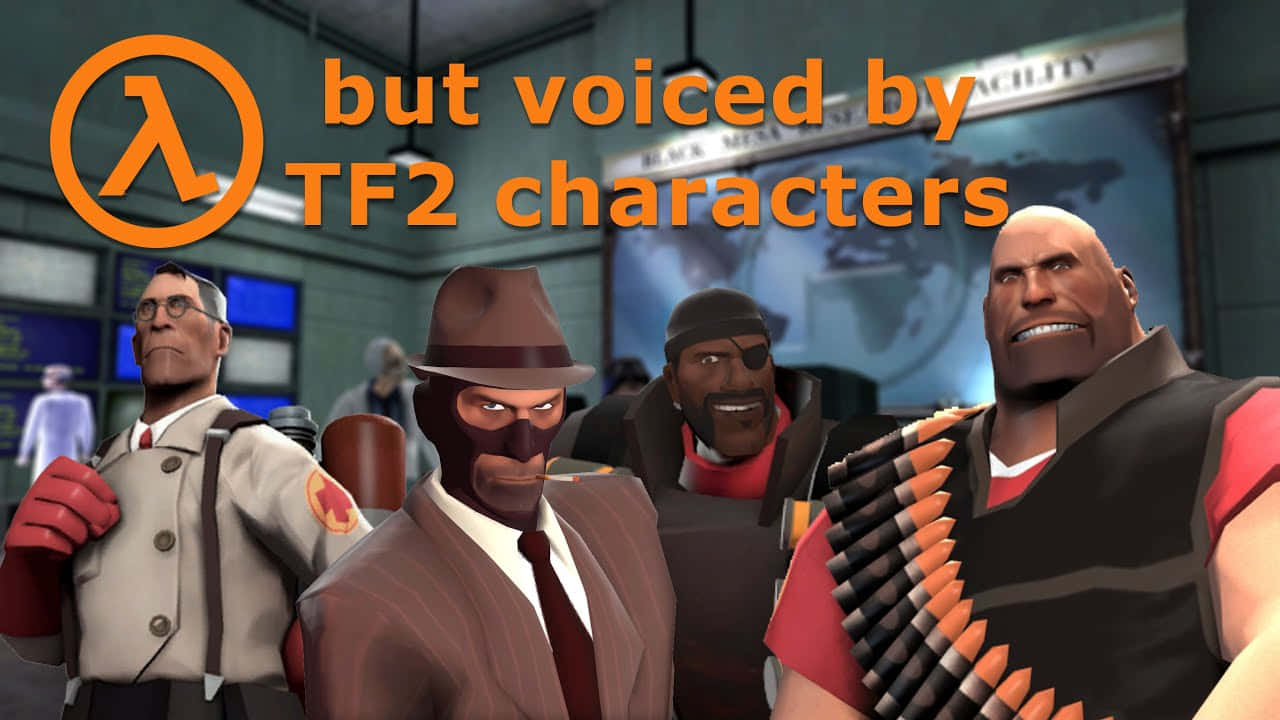 Half-life Characters 桌布 壁紙 — 四個電子遊戲角色在一個高科技控制室中，帶有 Lambda 標誌和文字疊加。