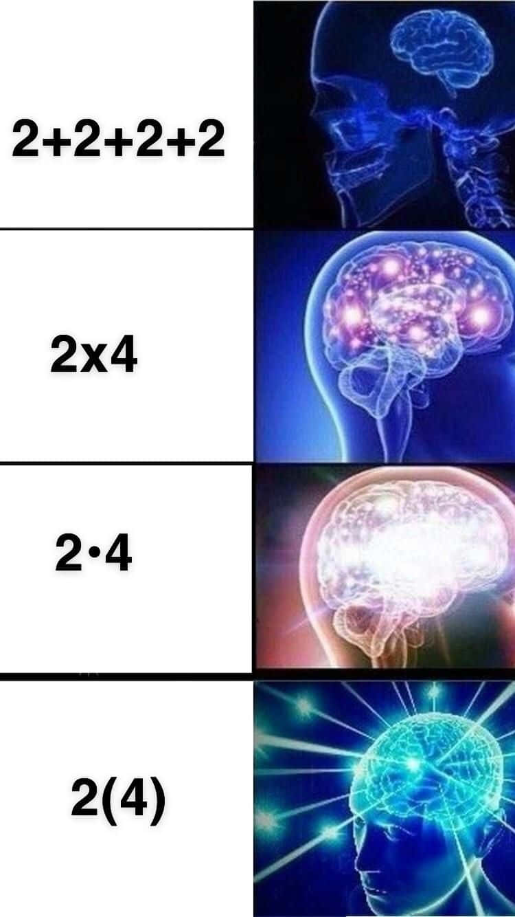 Educational Memes 桌布 壁紙 — 四個面板展示數學方程式及相應的大腦視覺效果，從平靜狀態逐步升級至發光且劇烈的活動。