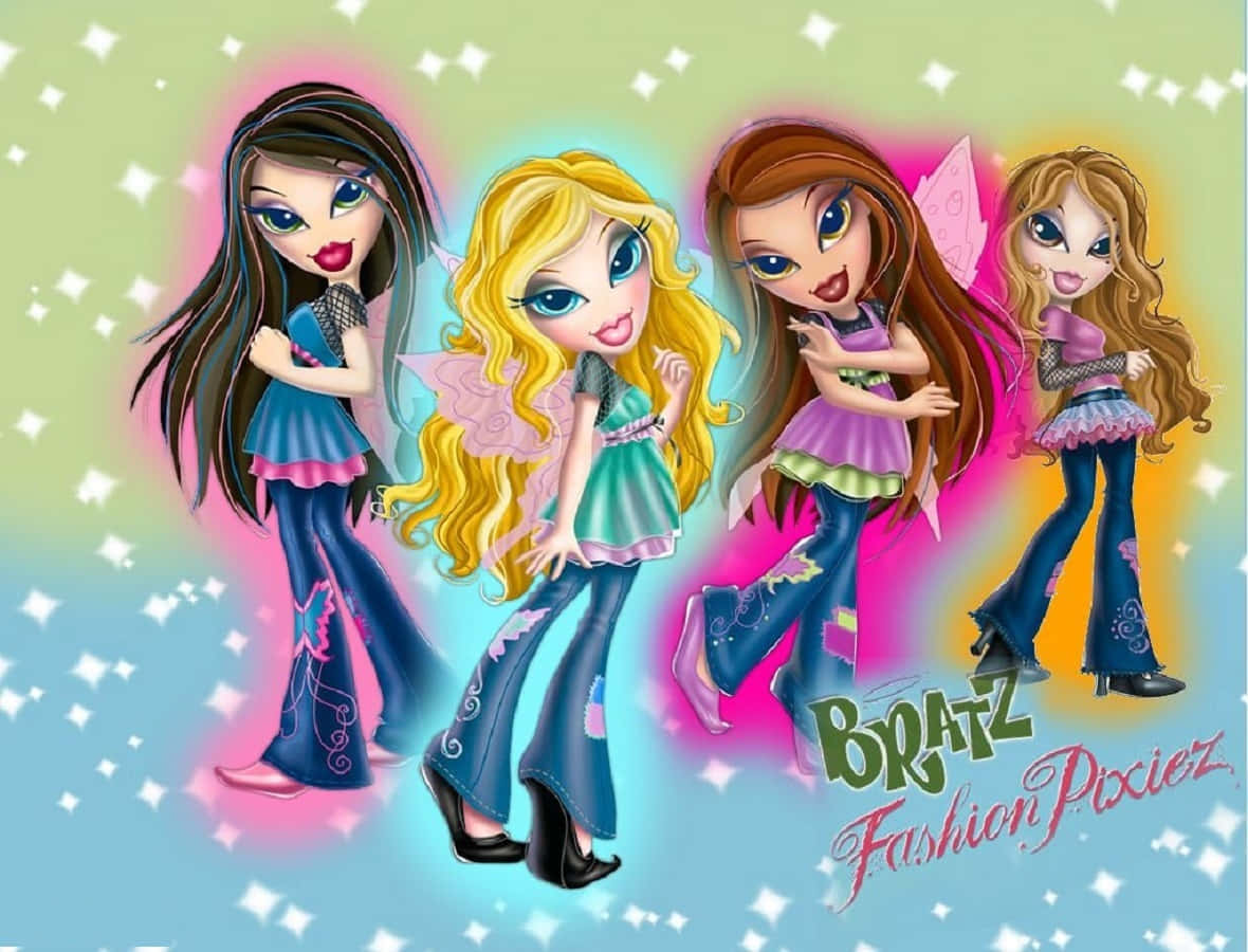 貝茲娃娃 桌布 壁紙 — 四個風格化的 Bratz Pixiez 角色，帶有發光光環和閃光，在柔和漸變背景前自信地擺姿勢。