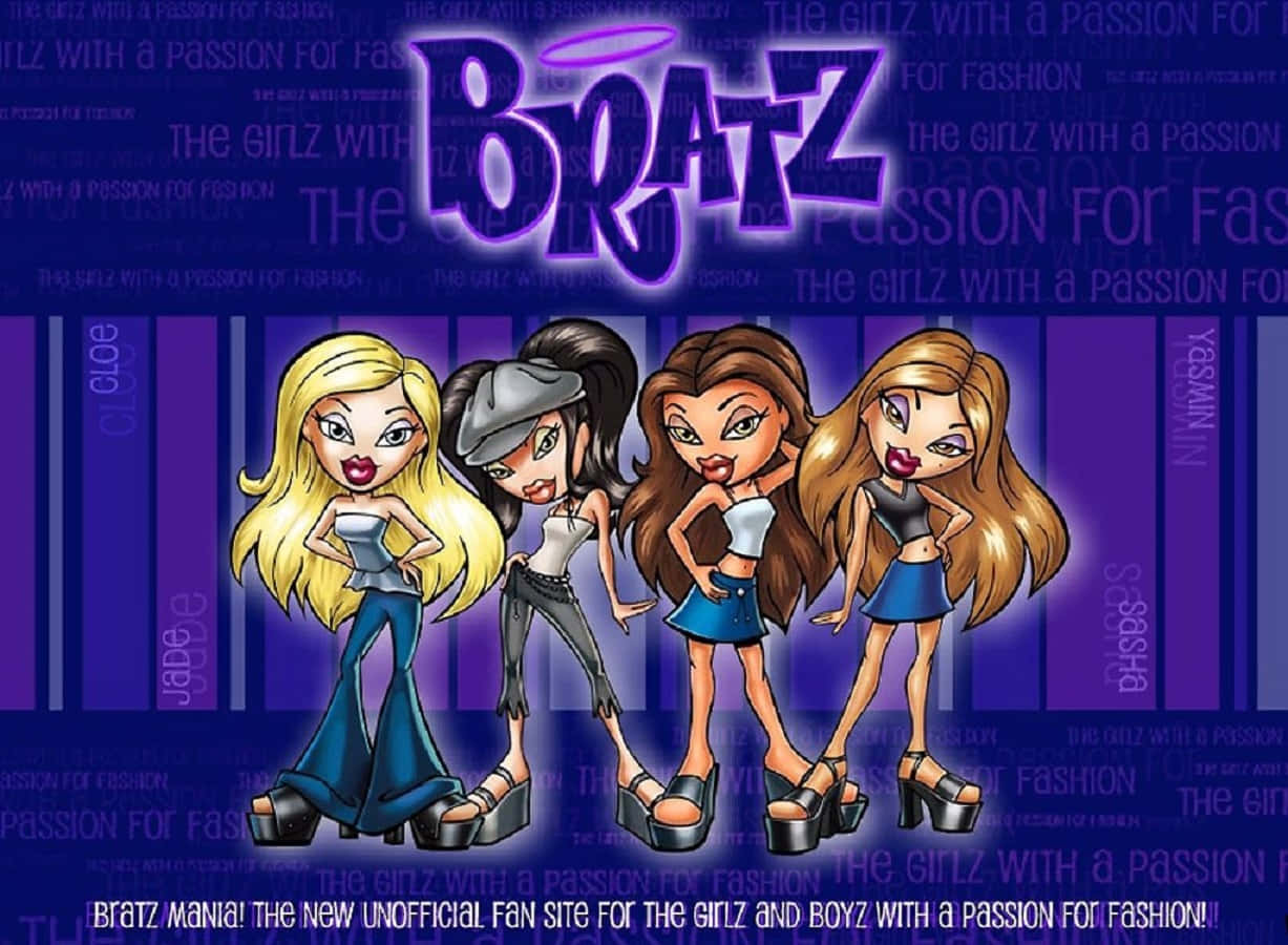 貝茲娃娃 桌布 壁紙 — 四個風格化的 Bratz 公仔以時尚姿勢站在紫色背景前，背景有重複文字。