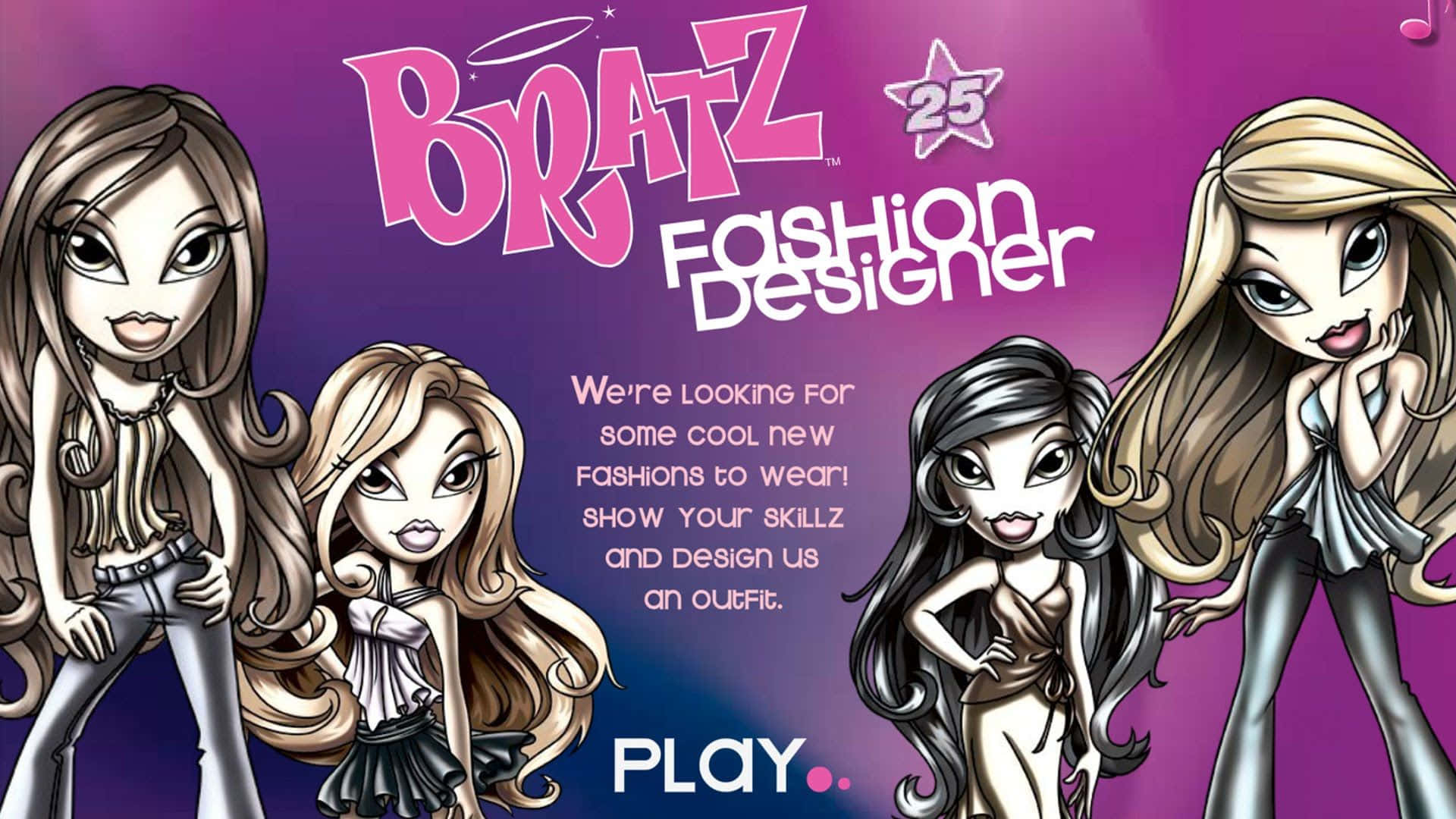 貝茲娃娃 桌布 壁紙 — 四個風格化的 Bratz 公仔在充滿活力的紫色漸變背景前自信地擺姿勢，宣傳時裝設計師遊戲。