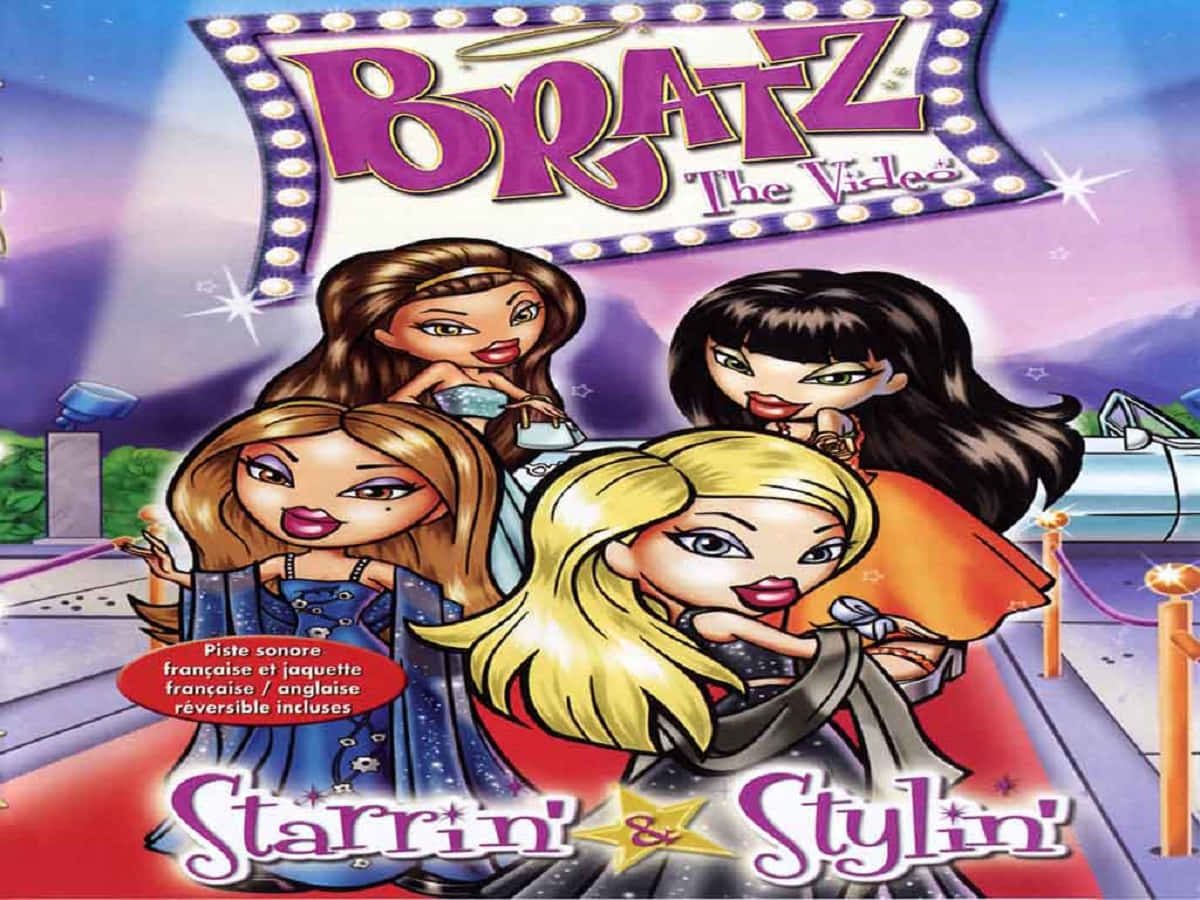 貝茲娃娃 桌布 壁紙 — 四個風格化的 Bratz 公仔在閃爍的帳篷標誌下自信地擺姿勢在紅地毯上。