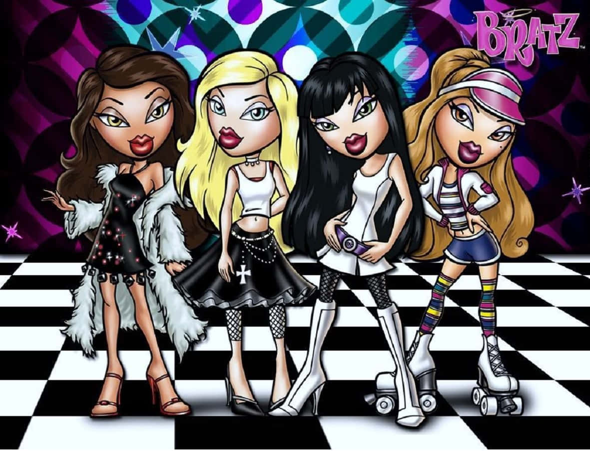 Bratz 桌布 壁紙 — 四個風格化的 Bratz 公仔在黑白棋盤格地板上自信地擺姿勢，背景是充滿活力的波點圖案。