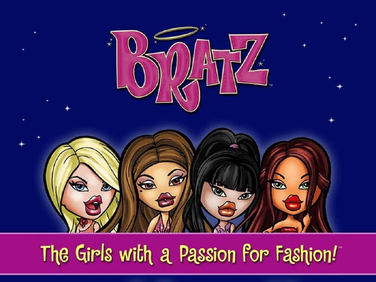 貝茲娃娃 桌布 壁紙 — 四個風格化的 Bratz 娃娃，帶有鮮豔的妝容和色彩繽紛的頭髮，站在星空夜空下，上方是粉紅色的 'Bratz' 標誌。