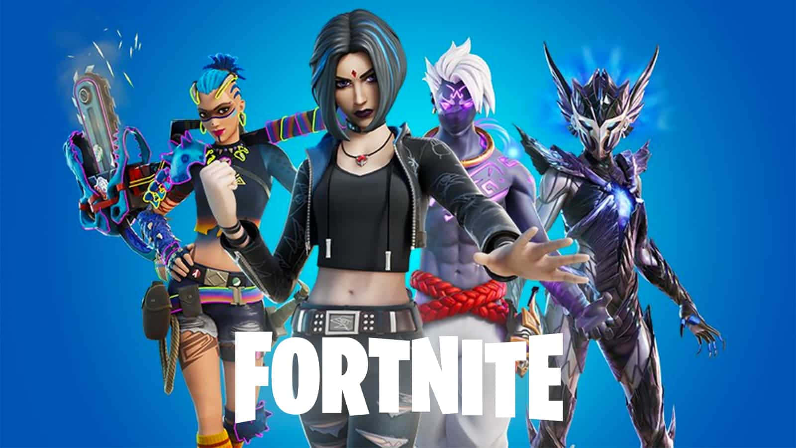 Battle Pass 桌布 壁紙 — 四個風格化的 Fortnite 角色穿著鮮豔服裝，在純藍色背景上動態擺姿勢，遊戲標題顯眼展示。