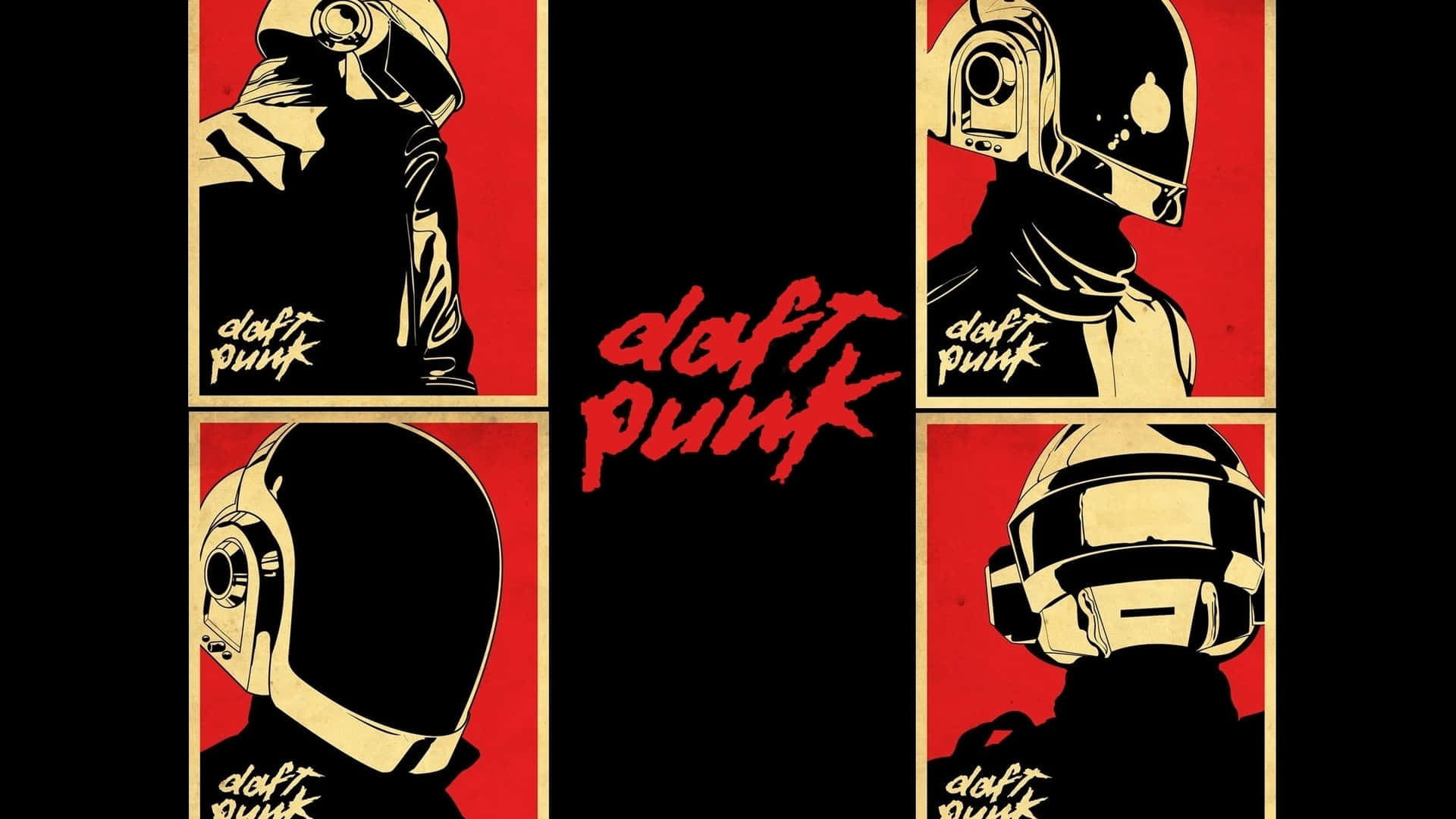 punk 桌布 壁紙 — 四個風格化的Daft Punk頭盔，奶油色和黑色，在紅色面板上，帶有粗體紅色塗鴉風格的樂隊名稱。