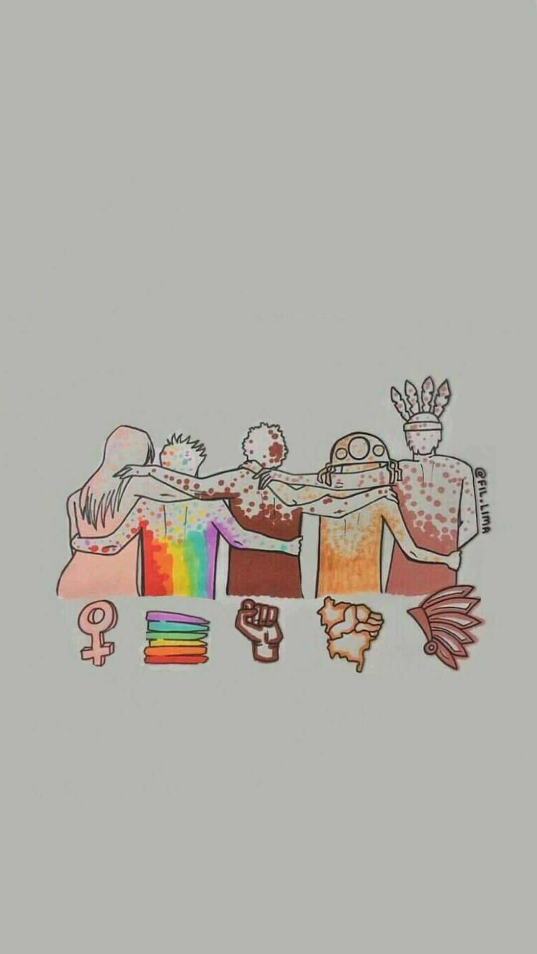 lgbt 桌布 壁紙 — 四個風格化的人物帶有多樣符號，在純灰色背景上圍成一個圓圈手牽手。