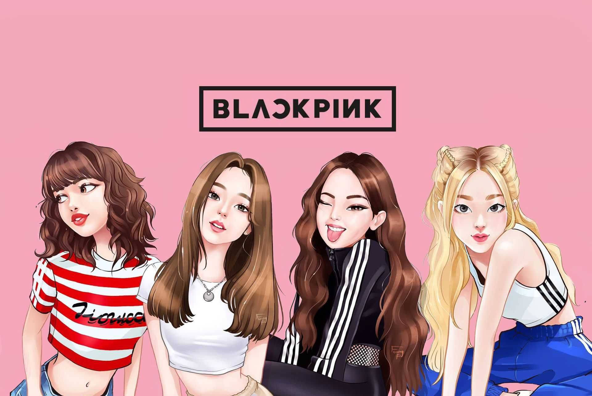 Blackpink Logo 桌布 壁紙 — 四個風格化的動漫女孩穿著休閒服裝，在純粉紅色背景上愉快地擺姿勢，上方有BLACKPINK標誌。