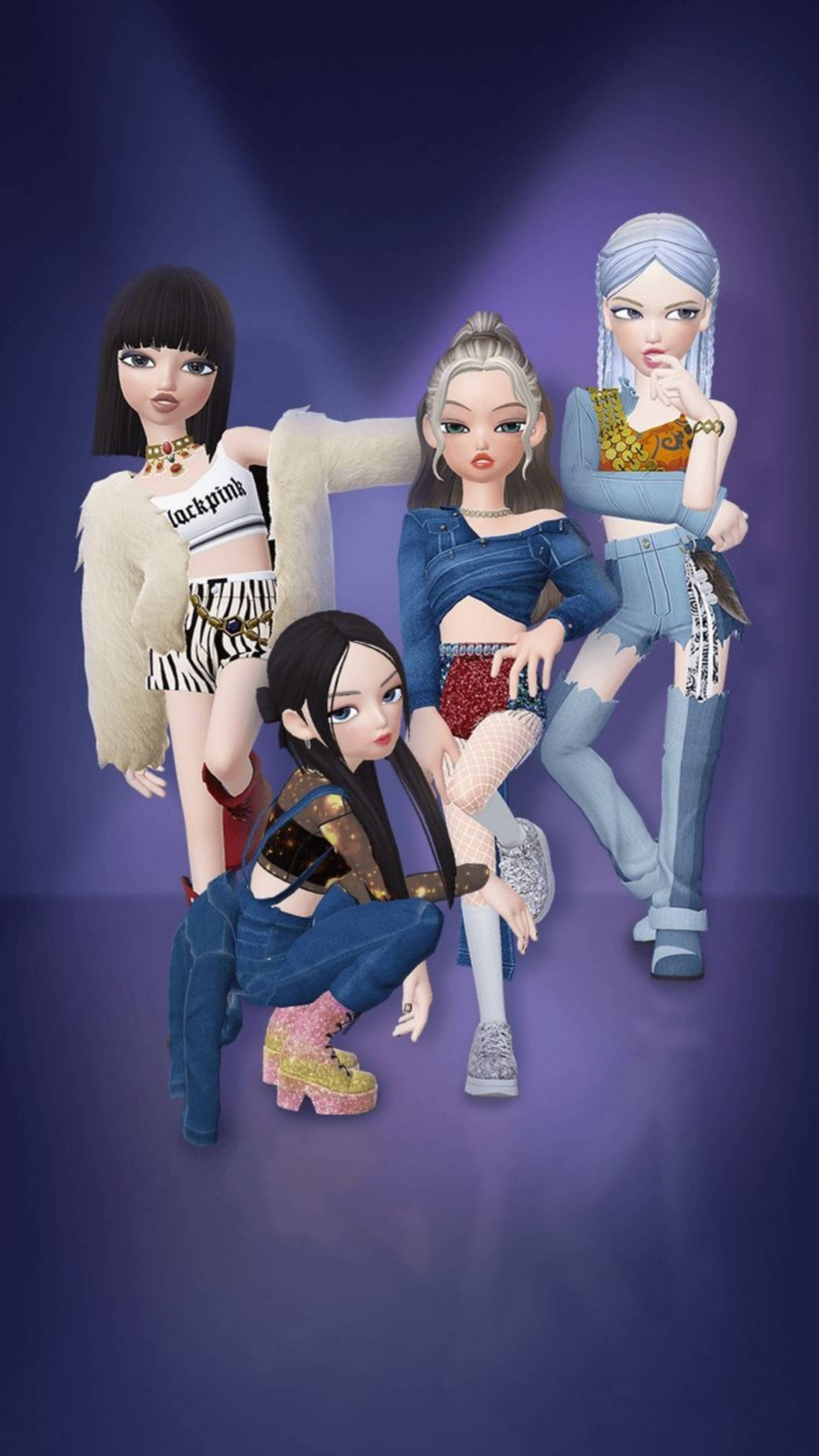 Kpop Aesthetic 桌布 壁紙 — 四個風格化的動漫女孩穿著時尚服裝，在紫色漸變背景前，於聚光燈下自信地擺姿勢。