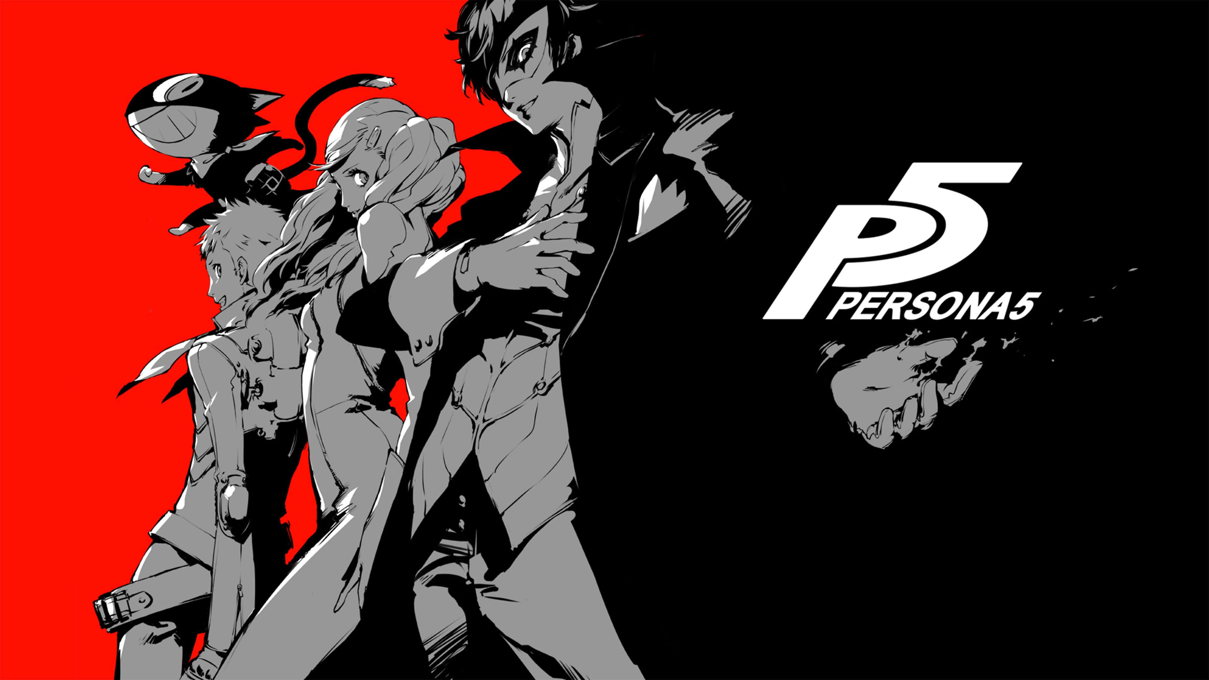 persona 桌布 壁紙 — 四個風格化的動漫角色以單色調站在大膽的紅色背景上，帶有 Persona 5 標誌。