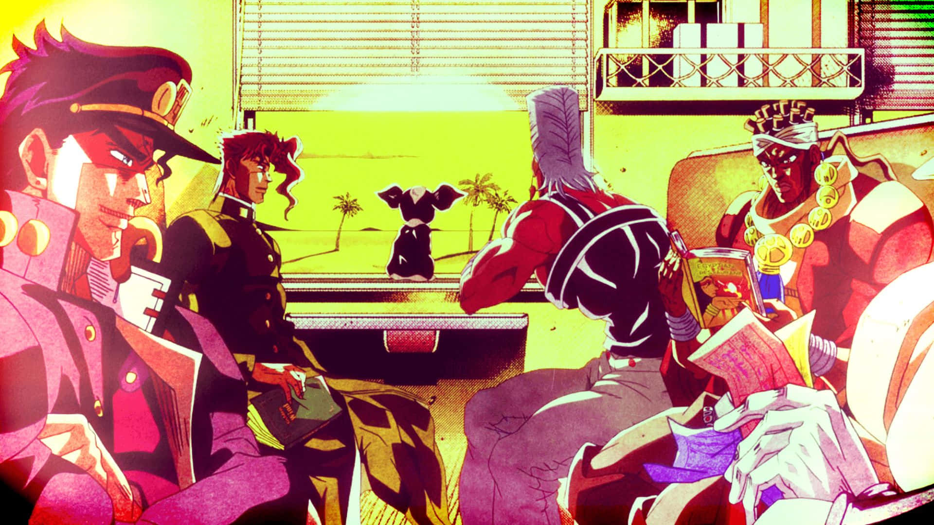 Noriaki Kakyoin 桌布 壁紙 — 四個風格化的動漫角色坐在一個陽光明媚的房間裡，窗台上有一隻小狗，窗外可以看到棕櫚樹。