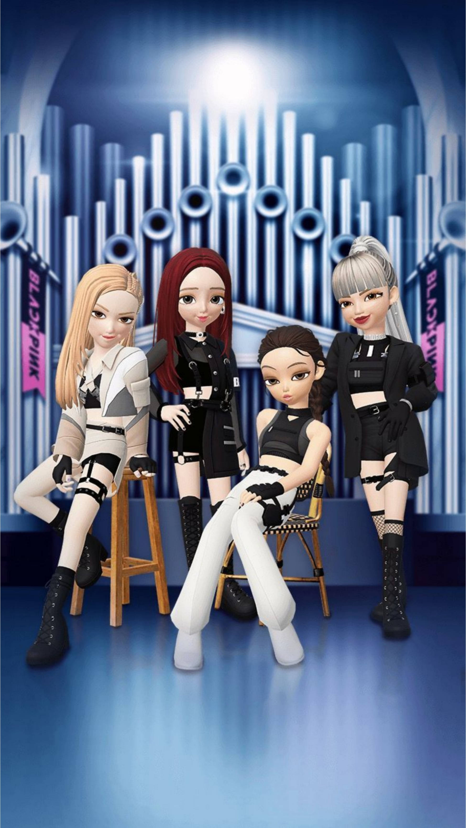 Blackpink Cartoon 桌布 壁紙 — 四個風格化的動畫女孩穿著前衛服裝，在發光的藍色管道背景和'BLACKPINK'橫幅前自信地擺姿勢。