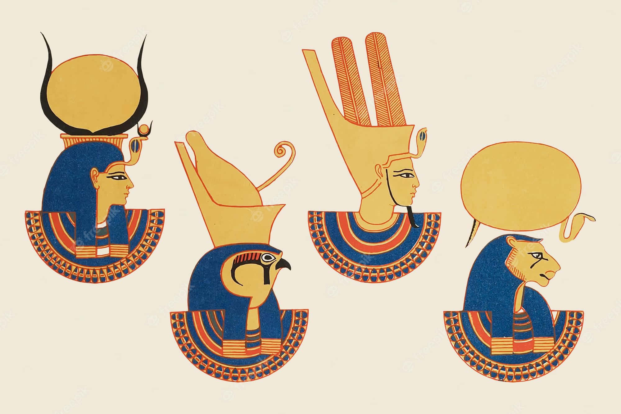 Ancient Egypt 桌布 壁紙 — 四個風格化的古埃及神祇側面像，戴著標誌性頭飾，藍色身體，背景為奶油色。