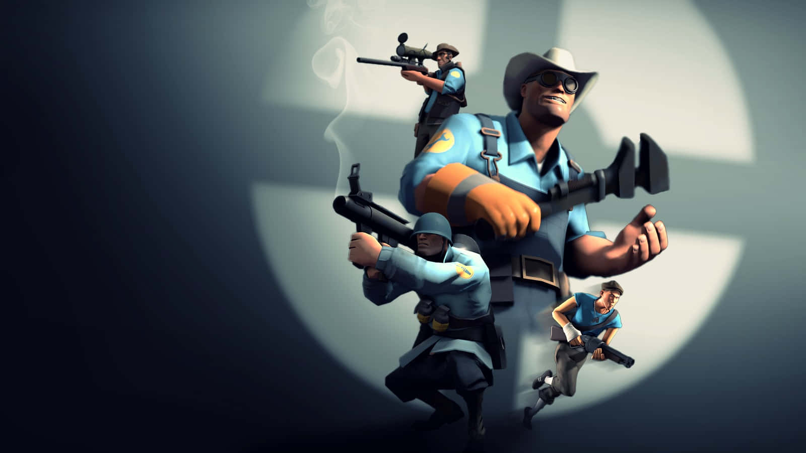 Team Fortress 2 Characters 桌布 壁紙 — 四個風格化的士兵穿著藍色制服，手持武器，在聚光燈下對著深色漸變背景動態擺姿勢。