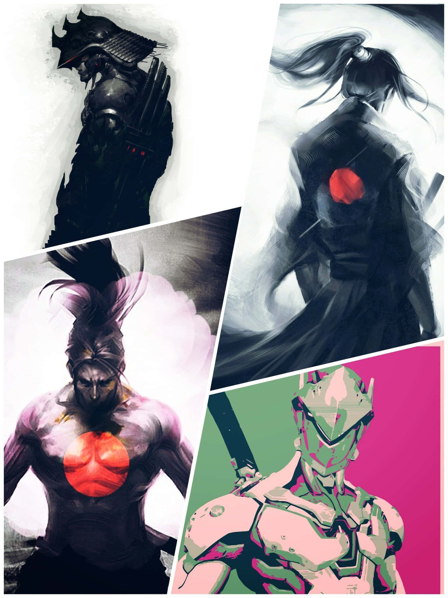 Overwatch Genji 桌布 壁紙 — 四個風格化的戰士人物，以動態姿勢呈現，帶有鮮明的紅色點綴，背景為單色和鮮豔色彩。