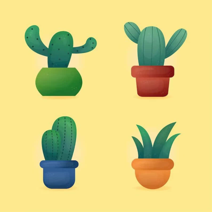 Clipart 桌布 壁紙 — 四個風格化的盆栽仙人掌和多肉植物，放在色彩繽紛的花盆中，排列在柔和的黃色背景上。