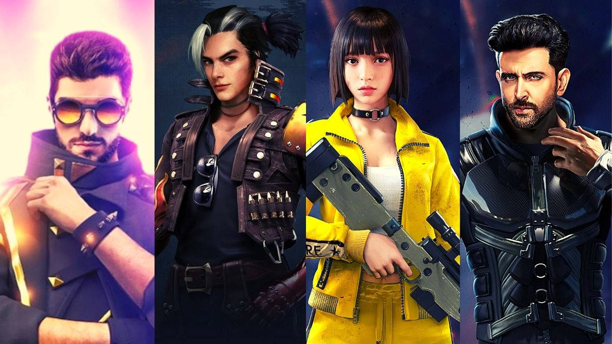 free fire 4K 桌布 壁紙 — 四個風格化的角色穿著未來裝備，在鮮豔發光的背景前自信地擺姿勢。