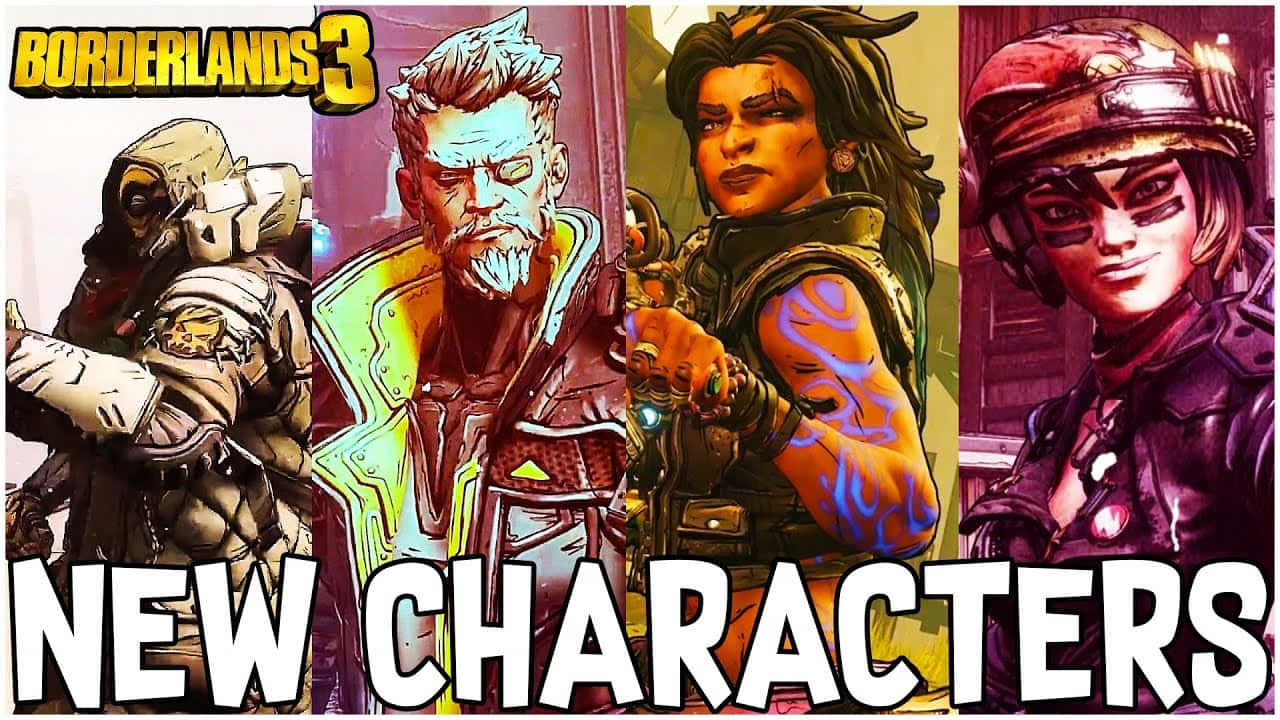 Borderlands Characters 桌布 壁紙 — 四個風格化的邊緣禁地3角色以充滿活力的漫畫藝術風格擺出姿勢，手持武器並帶有發光紋身。