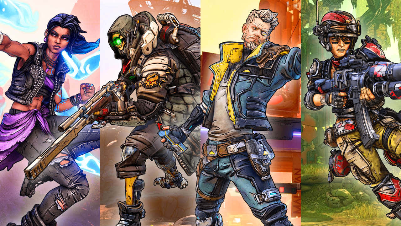 Borderlands Characters 桌布 壁紙 — 四個風格化的電子遊戲角色，以動態戰鬥姿勢呈現，配備未來武器和盔甲。
