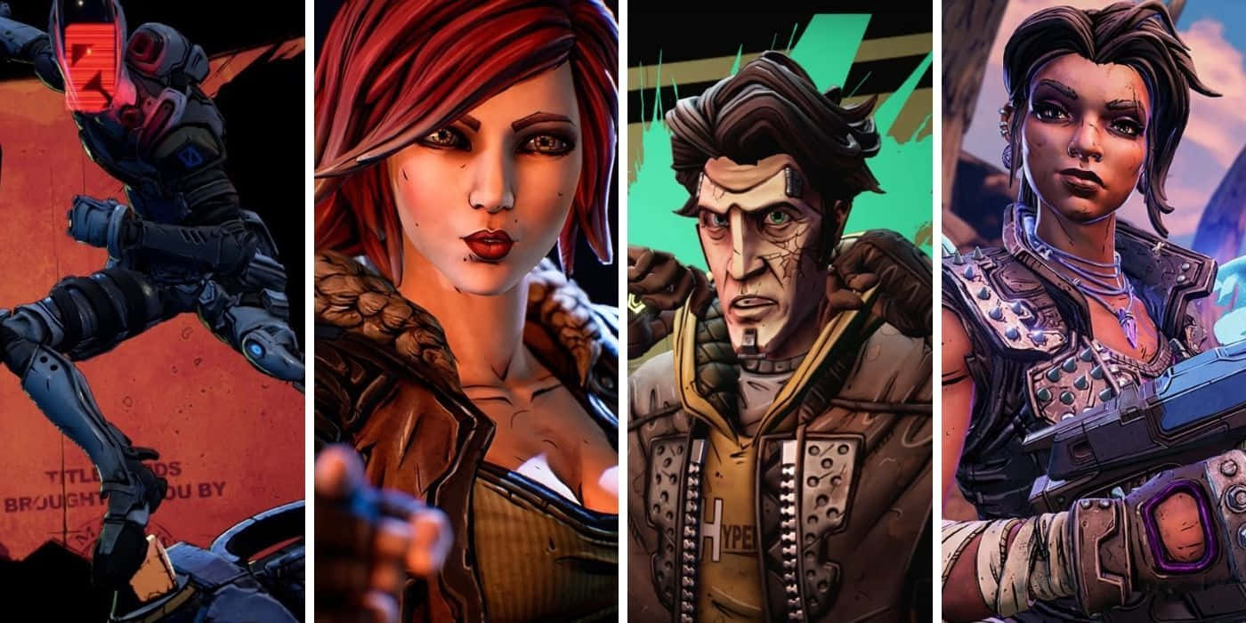 Borderlands Characters 桌布 壁紙 — 四個風格化的電子遊戲角色，帶有強烈的表情和詳細的盔甲，以漫畫書藝術風格呈現。