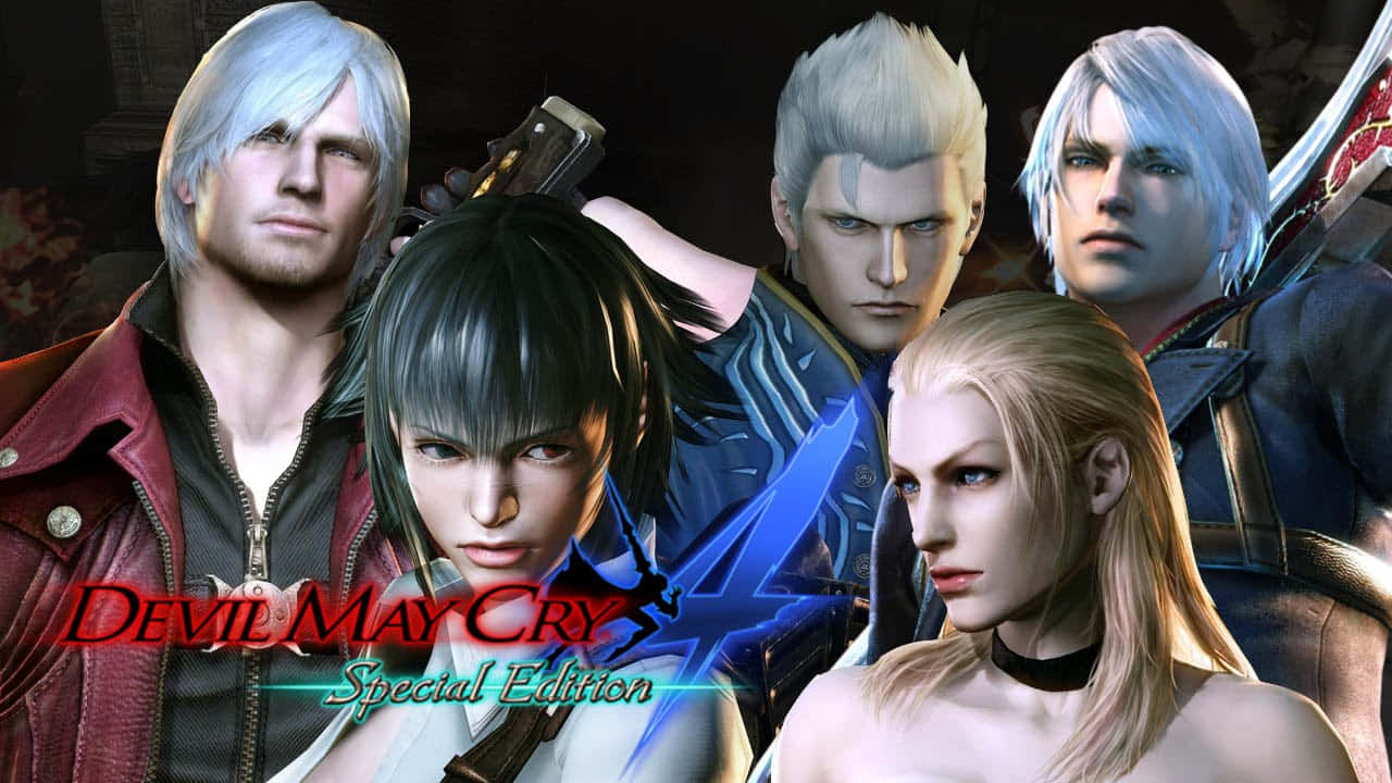 Devil May Cry Characters 桌布 壁紙 — 四個風格化的電子遊戲角色，擁有銀色和金色頭髮，站在黑暗背景前，形成一個戲劇性的群體肖像。