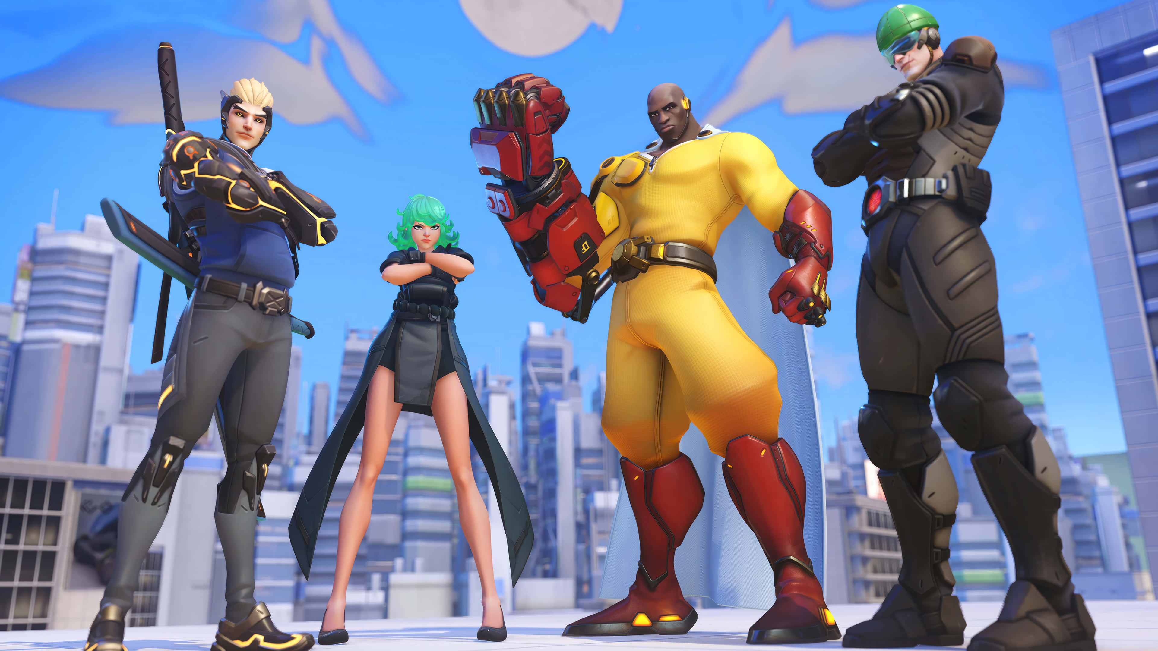 Overwatch Heroes 桌布 壁紙 — 四個風格化的電子遊戲角色自信地站在屋頂上，背景是未來主義的城市天際線，天空湛藍明亮。