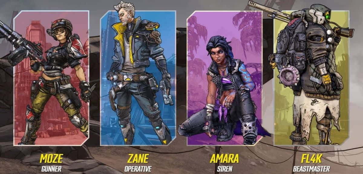 Borderlands Characters 桌布 壁紙 — 四個風格化的電子遊戲角色身穿戰鬥裝備，各自手持武器，背景為色彩繽紛的城市景觀。