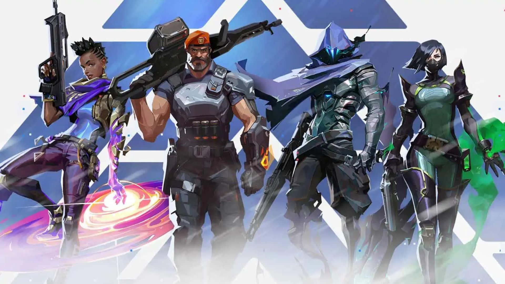 Valorant Agents 桌布 壁紙 — 四個風格化的電子遊戲角色身穿未來裝甲，手持武器，站在發光的幾何背景前。