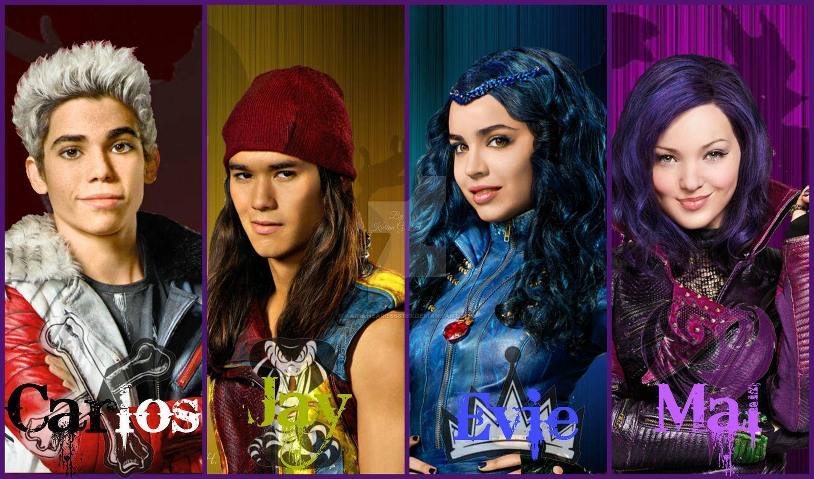 Descendants 桌布 壁紙 — 四個風格化的青少年角色穿著鮮豔服裝，在色彩繽紛的背景前擺姿勢，並顯示他們的名字。