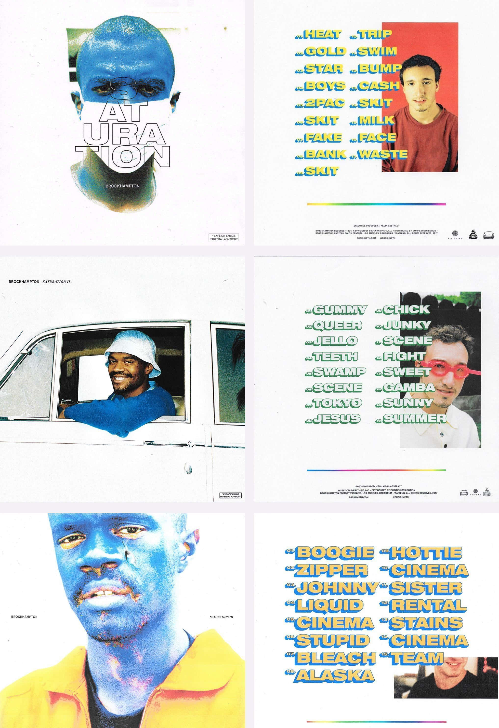 Brockhampton 桌布 壁紙 — 四個風格化肖像面板，帶有藍色調面孔和粗體黃色文字疊加在白色背景上。