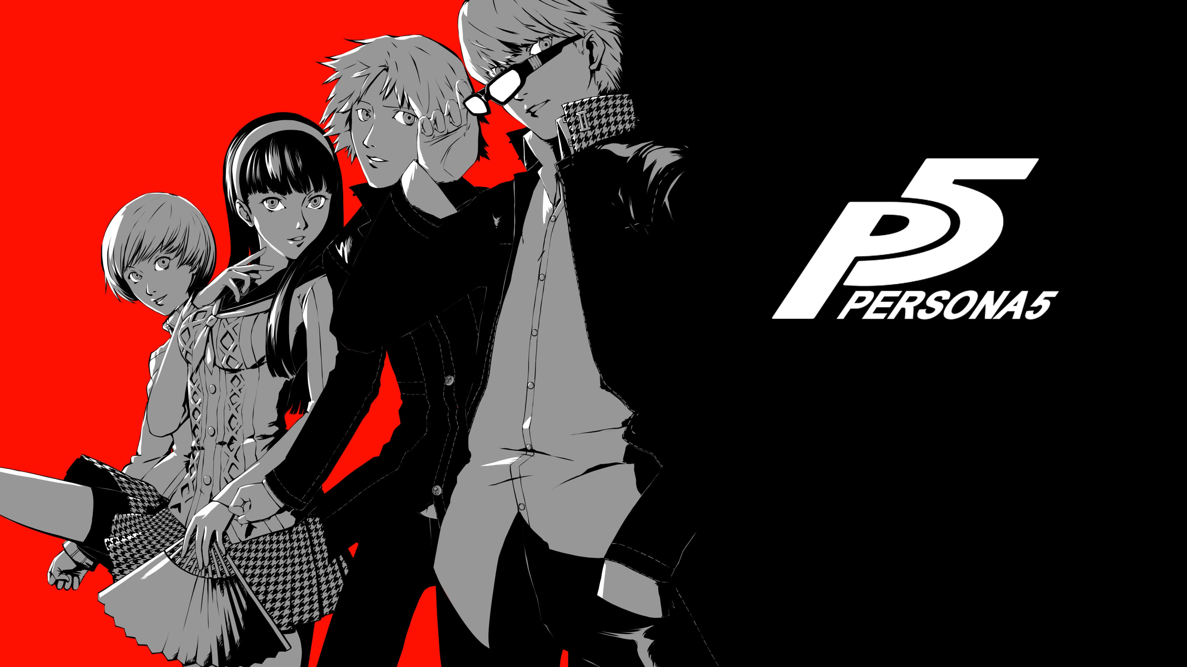 persona 桌布 壁紙 — 四個黑白動畫角色站在大膽的紅色背景前，帶有 Persona 5 標誌。