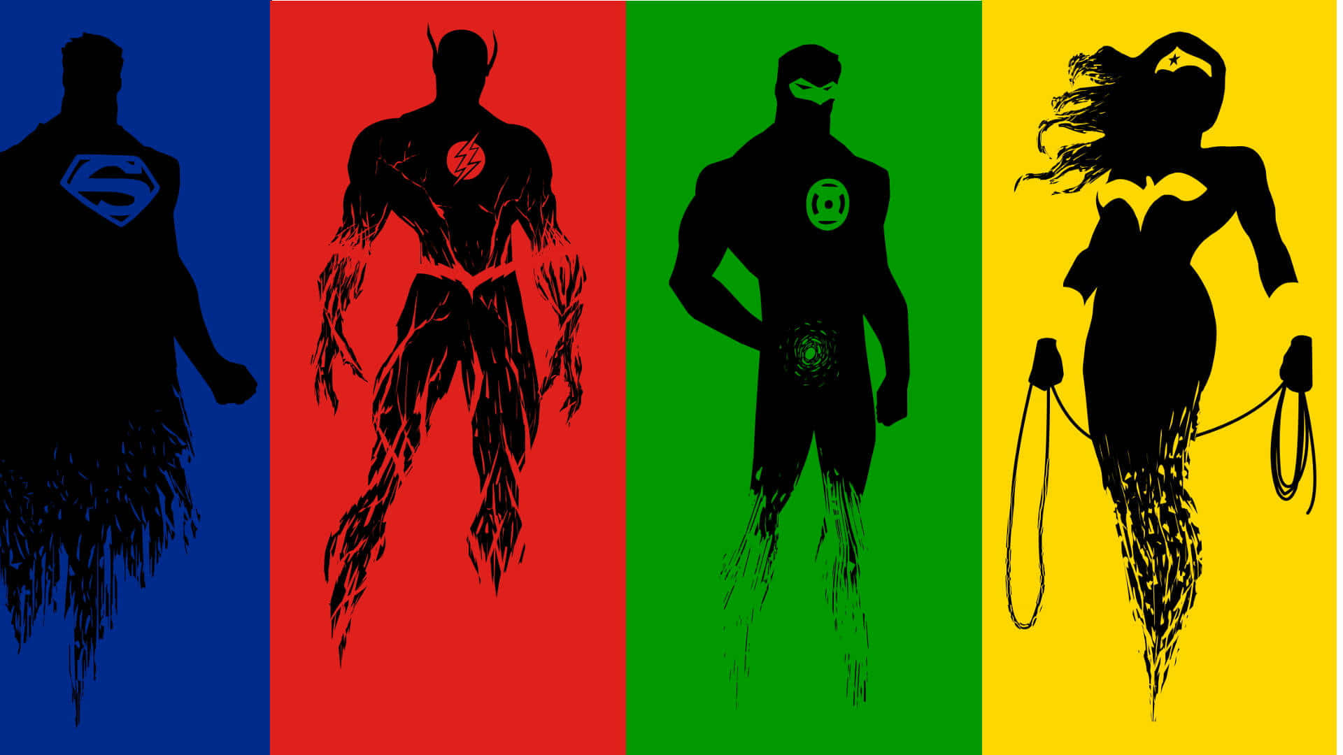 heroes 桌布 壁紙 — 四個黑色超級英雄剪影，襯以大膽彩色背景，每個都帶有紋理細節滴落效果。