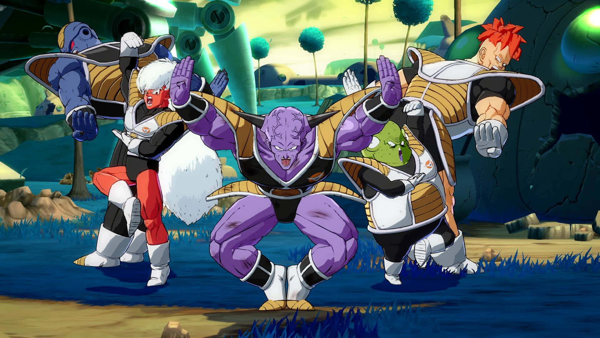 Ginyu Force 桌布 壁紙 — 四個龍珠Z角色在一個充滿活力的外星行星上擺出戰鬥姿勢，周圍有發光的植物和未來主義的廢墟。