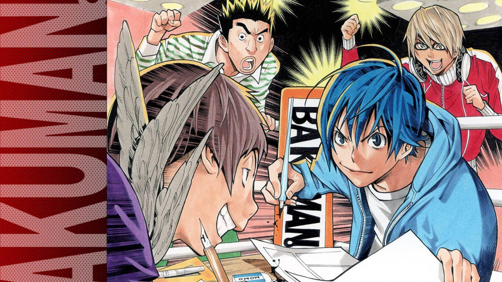 四名《Bakuman》角色 壁紙 — 動漫角色以動態表情和漫畫風格效果專注地繪畫漫畫。