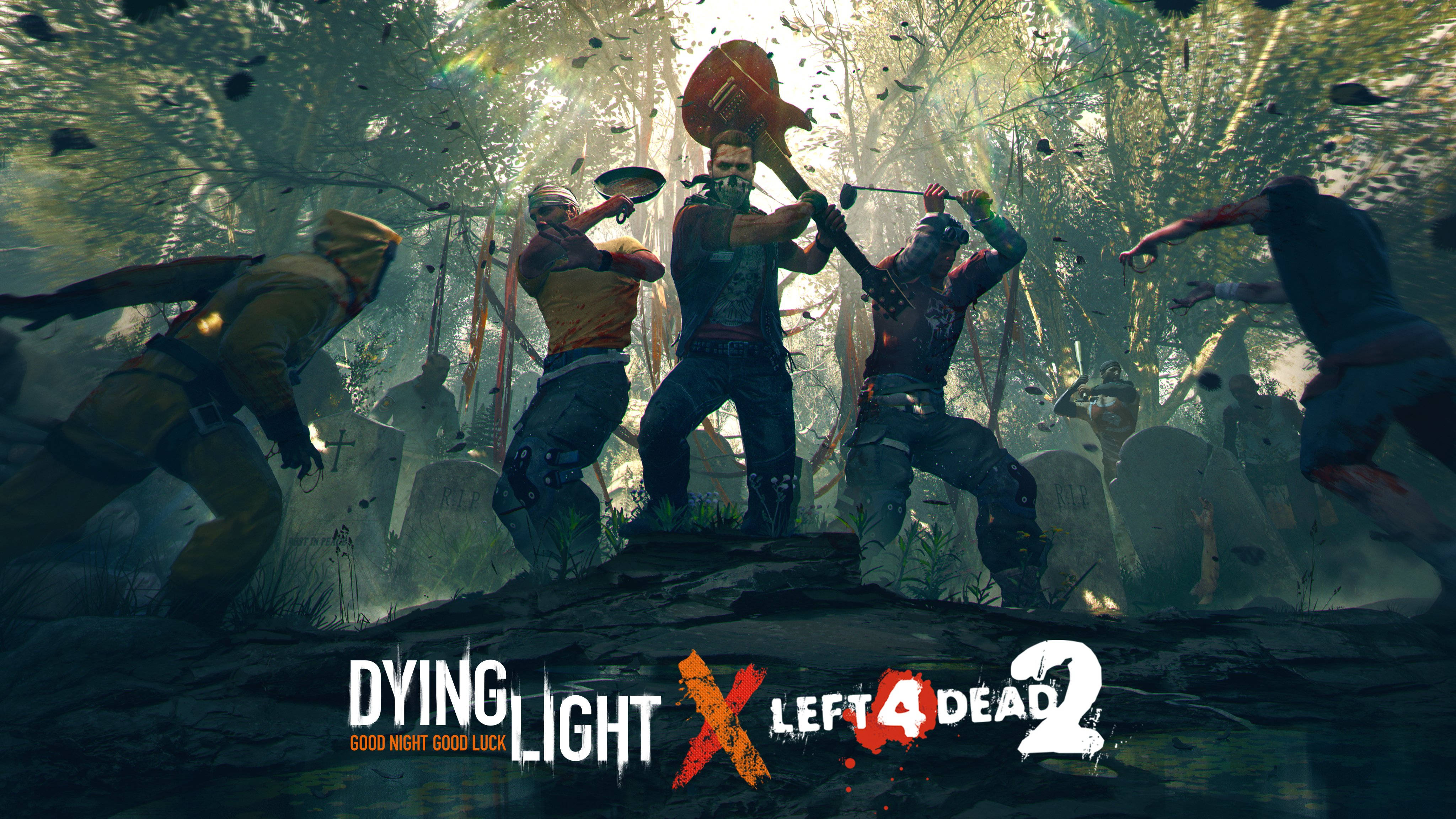 Dying Light：Left 4 Dead 2 壁紙 — 四名倖存者在陽光明媚的森林墓園中與成群的殭屍戰鬥，周圍有墓碑和飛揚的碎片。