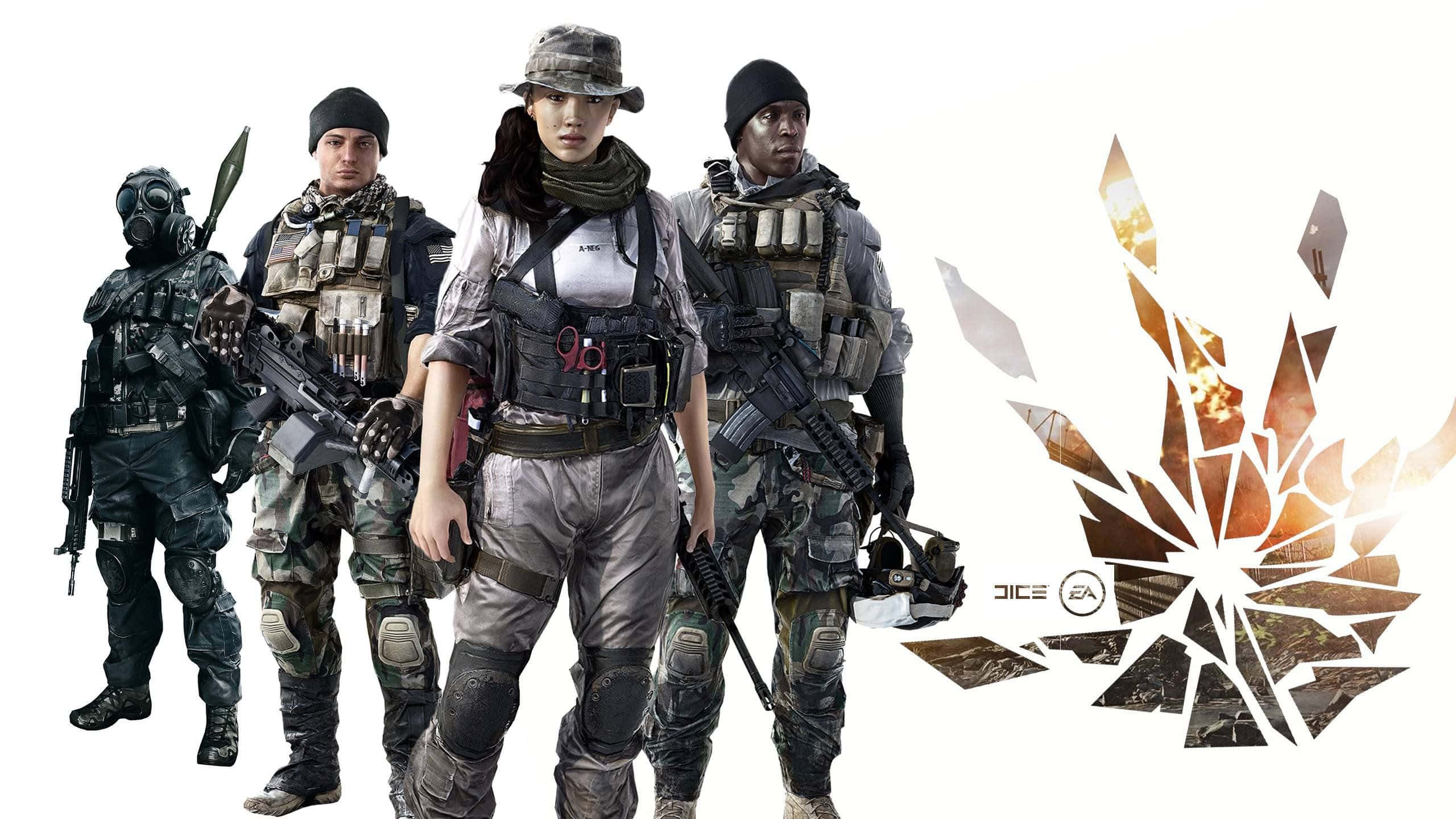 Frostbite 桌布 壁紙 — 四名全副武裝的士兵身穿戰術裝備，站在白色背景前，背景有碎玻璃爆炸圖案。