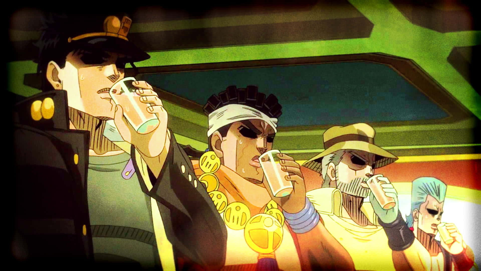 Jotaro Kujo 桌布 壁紙 — 四名動漫角色在車輛內，於綠色和黃色燈光下從罐中飲用飲料。