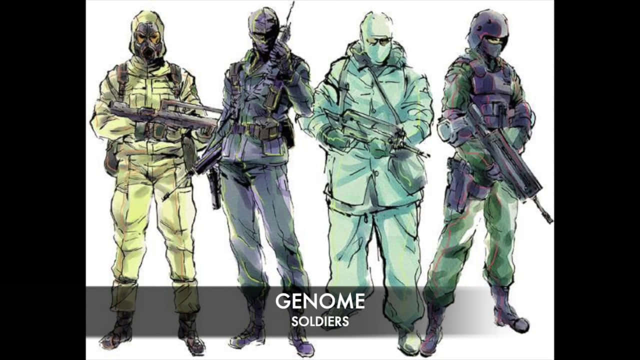 Metal Gear Solid Characters 桌布 壁紙 — 四名戴面具的士兵身穿戰術裝備，手持步槍，以柔和的綠色和灰色色調排成一列。