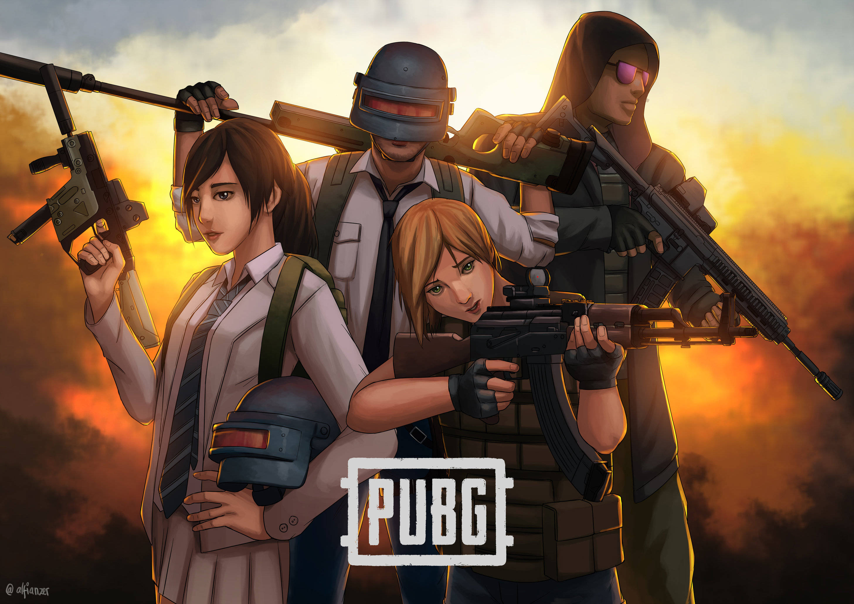 Playerunknown's Battlegrounds 桌布 壁紙 — 四名插畫風格的玩家身穿戰術裝備，在熾熱的夕陽天空下手持武器，帶有PUBG標誌。