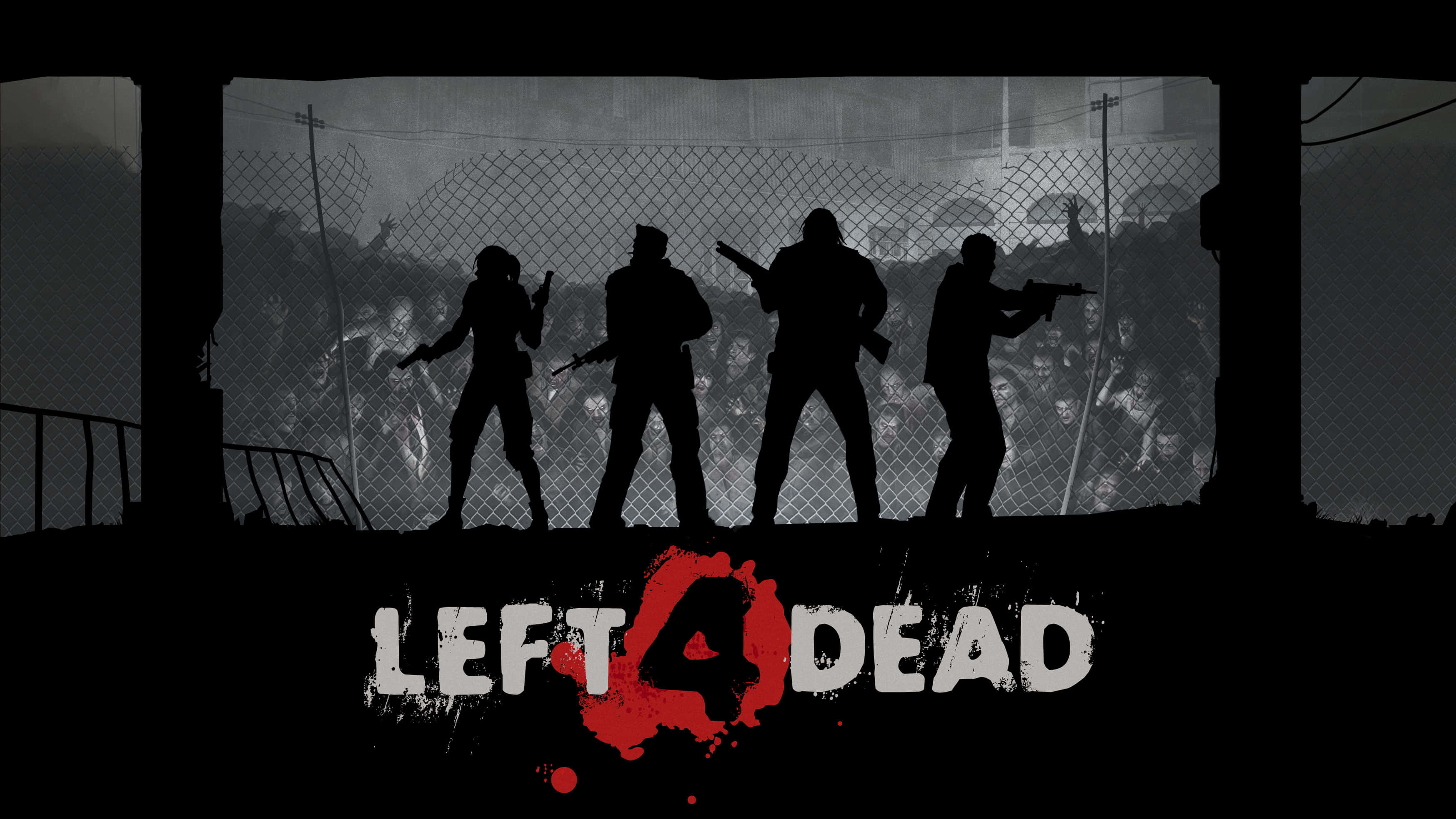 Left 4 Dead Characters 桌布 壁紙 — 四名武裝倖存者以鐵絲網圍欄為背景形成剪影，而一群喪屍在 gritty 遊戲海報中向前推進。