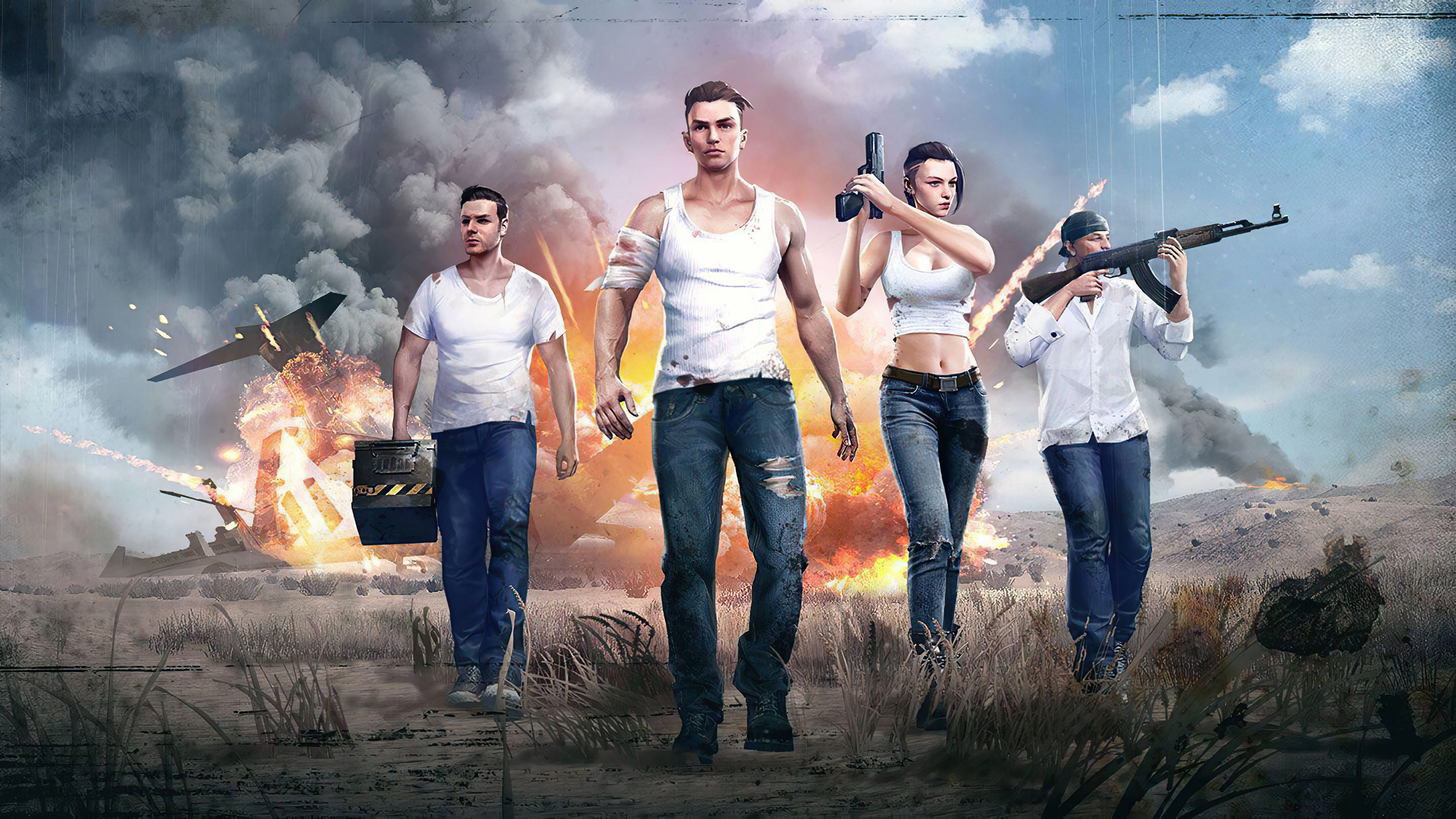 free fire desktop 桌布 壁紙 — 四名武裝倖存者穿過一個被戰爭摧毀的沙漠戰場，身後有爆炸和煙霧。