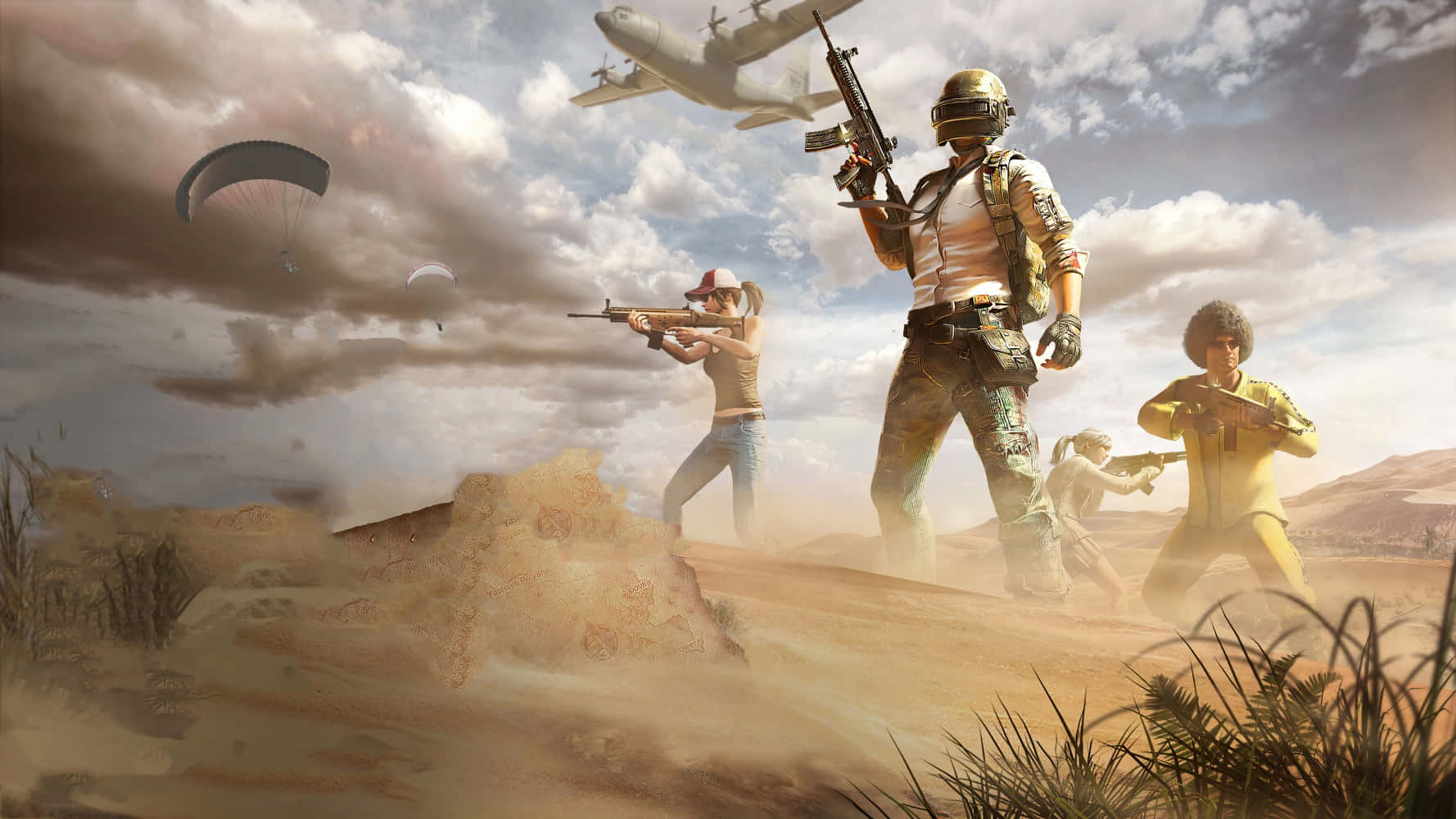 PUBG 桌布 壁紙 — 四名武裝玩家在沙漠地形中瞄準武器，降落傘和軍用飛機從頭頂降下。